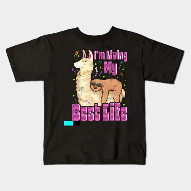 Cute Sloth & Llama Living My Best Life Napping Pun Kids T-Shirt by theperfectpresents